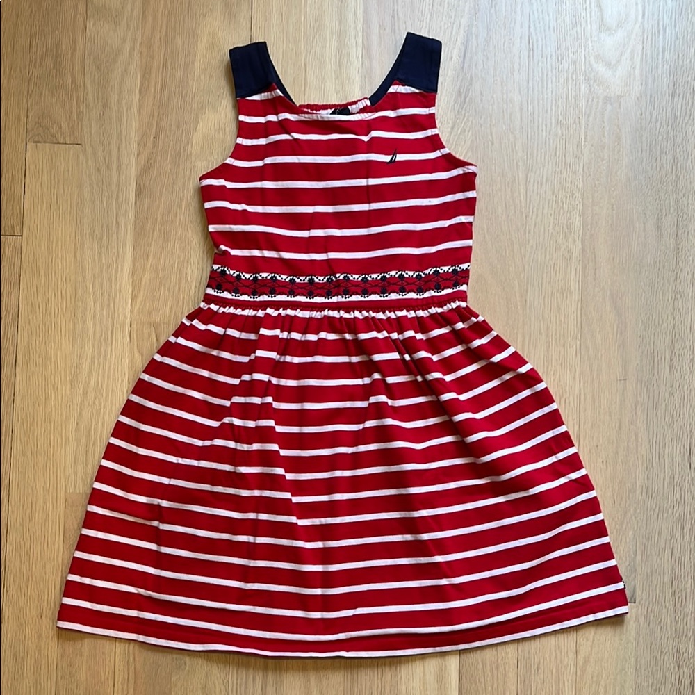Nautica Striped Red and White Kids Dress with Navy Accents size 7